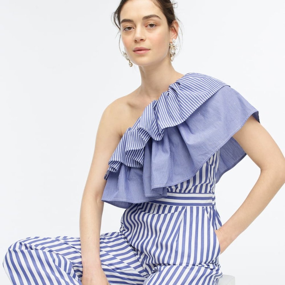 JCrew Stripe Ruffle One-Shoulder Jumpsuit